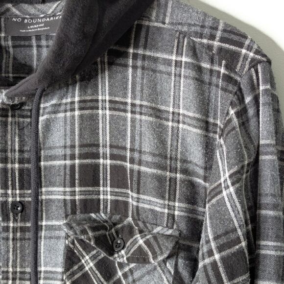 No Boundaries Hooded 100% Cotton Gray Black Plaid Long Sleeve Shacket 42-44 L - Picture 2 of 9